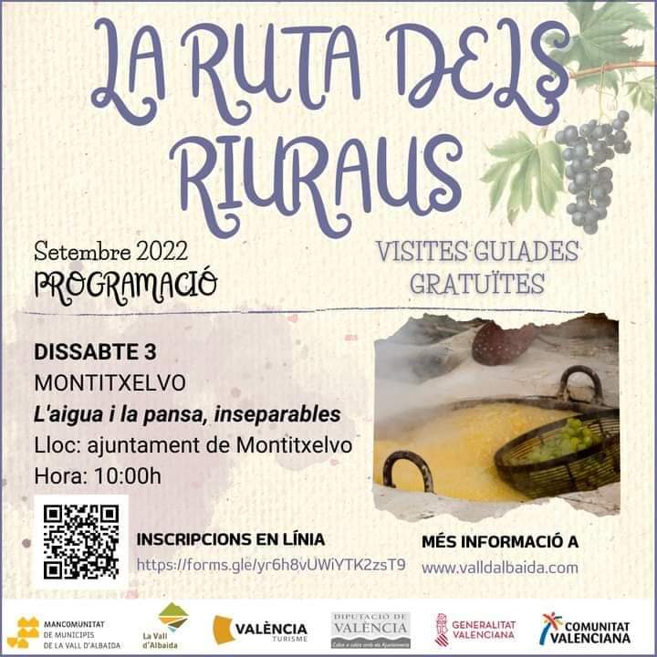 𝐋𝐚 𝐫𝐮𝐭𝐚 𝐝𝐞𝐥𝐬 𝐑𝐢𝐮𝐫𝐚𝐮𝐬 🍇
Inaugurem la primera edició de la Ruta dels Riuraus de la Vall d'Albaida, dissabte 3 a 𝗠𝗼𝗻𝘁𝗶𝘁𝘅𝗲𝗹𝘃𝗼,  𝐿'𝑎𝑖𝑔𝑢𝑎 𝑖 𝑙𝑎 𝑝𝑎𝑛𝑠𝑎, 𝑖𝑛𝑠𝑒𝑝𝑎𝑟𝑎𝑏𝑙𝑒𝑠.

🔗Enllaç al formulari: forms.gle/iAKy7kKEjMsKTh…
#riuraus #turisme