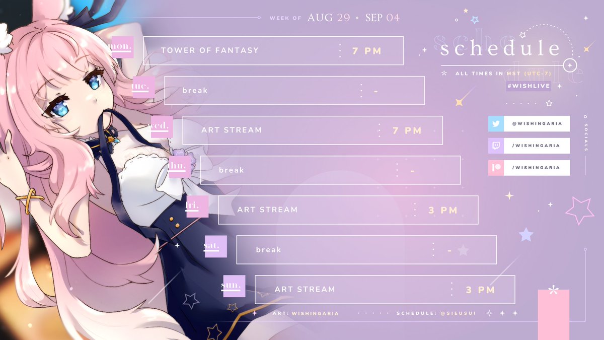 WishingAria's tweet photo. Stream schedule [8/29 - 9/04]✨#wishlive
mostly art streams this week with a side of ToF and probably genshin catch-up at some point! https://t.co/kynAePOaxN