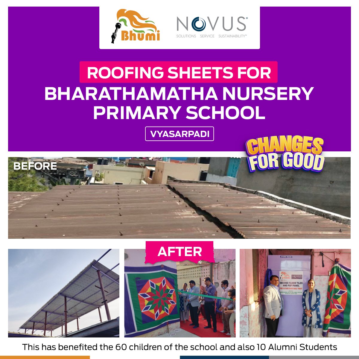 BhumiOrg's tweet photo. 𝗕𝗵𝘂𝗺𝗶 and 𝗡𝗼𝘃𝘂𝘀 collaborated on the school infrastructure development project: Changes for Good. It has benefited the 60 children and 10 alumni students of Bharathmatha Nursery Primary School at Vyasarpadi. 

#NovusSCA #Novusint #Bhumi #changesforgod #childwelfare #gove https://t.co/holr1Kmeyf
