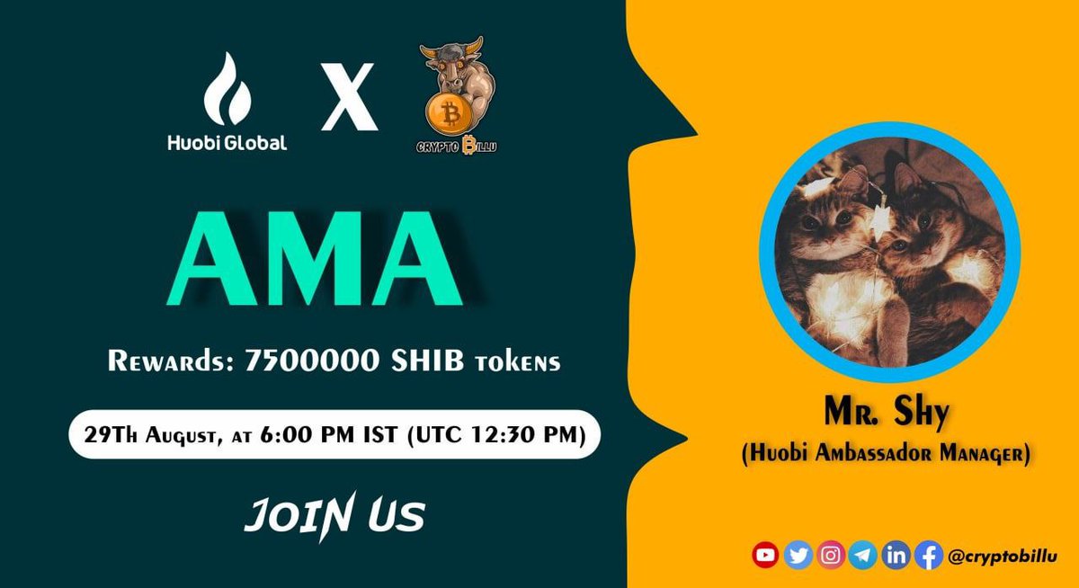 CryptoBillu's tweet photo. ✨AMA WITH @HuobiGlobal 
at https://t.co/mNRTfhykyZ

💸Reward: 7500000 Shib

Set Alarm⏰
Today 6:00PM (UTC 12:30 PM)

🔥 AMA के समय Huobi related Quiz होगी, और 25 winner चुने जाएंगे।

ℹ️Rules:
» Huobi account होना चाहिए
» Follow @HuobiGlobal  &amp; @CryptoBillu
» Like &amp; RT this post https://t.co/4PiBP0vcYl