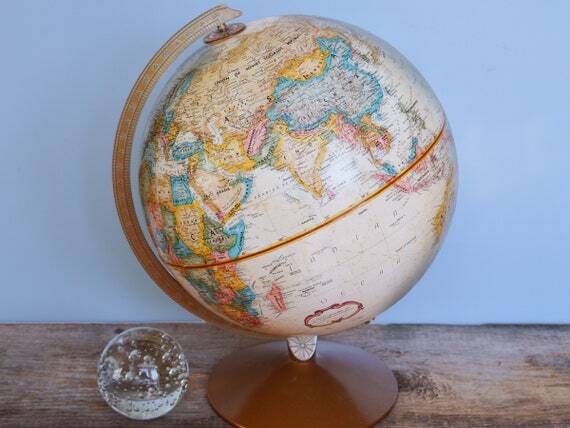 trashtique's tweet photo. New in Shop! Vintage Sepia World Globe, Replogle World Classic 12" with copper metal base, Topographic circa 1980s by Trashtiques https://t.co/qaHVqZt1dG