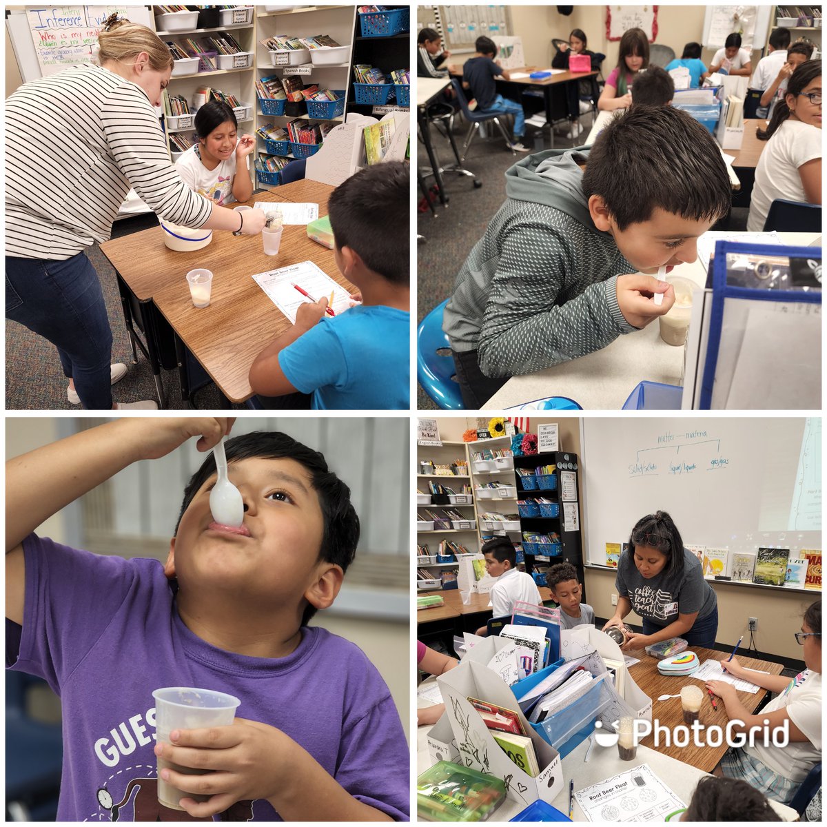 BilingualRocks's tweet photo. A round of rootbeer floats! Ss observed changes in matter in a rootbeer float. Best part is they got to enjoy it afterwards, well for the most part. Most had never had a rootbeer float and about 90% of the class did not like it. #leopardslearn @LamarElemCISD @KristenDBelcher https://t.co/vTkFGba545