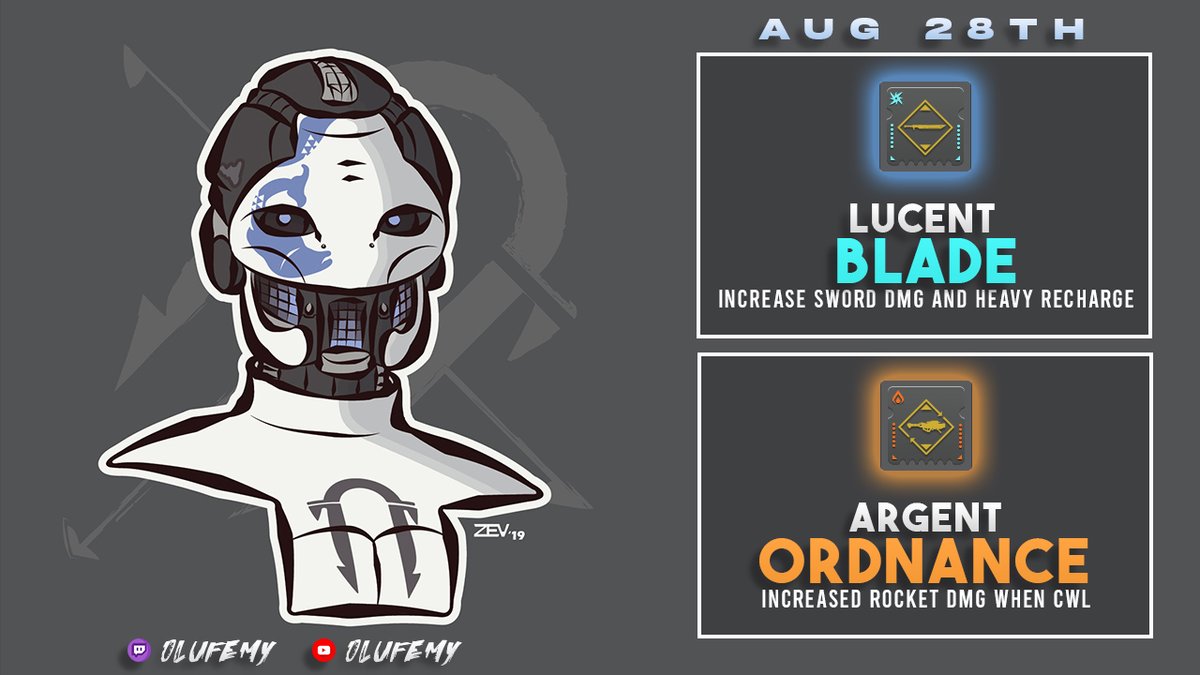 FemyOlu's tweet photo. Daily Ada-1 mods (28/8/22)
Increase your Sword, Rocket and Farming Potential before reset. Sorry for the late update but pick up ASAP!
Lucent Blade x Argent Ordnance (PS rockets are best for Sisters Farm)
#NewLight
#Destiny2
#DestinyBuilds
#DestinyNews
#DestinyArt https://t.co/ef2CxTzBNy