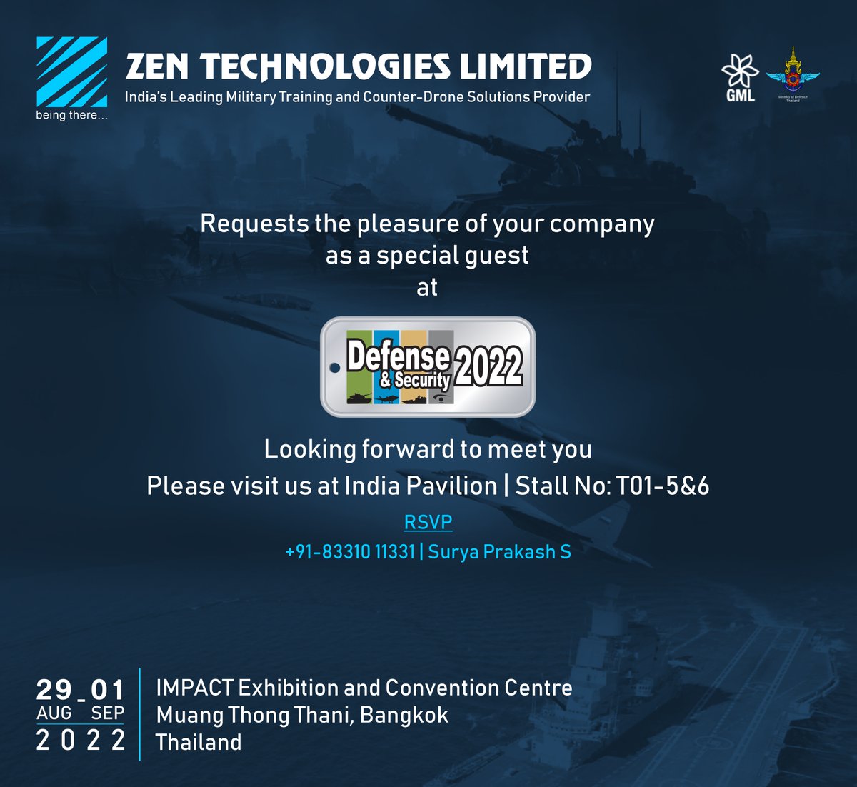 ZenTechnologies's tweet photo. We are proud to participate in #DefenseandSecurity Expo 2022. To learn more about empowering #SmartSolutions to #RedefinePerformance please visit @ZenTechnologies at Stall No: T01 - 5&6.
@DefenseThailand #RoyalThaiArmy #Thailand #Bangkok https://t.co/1JO61u888U