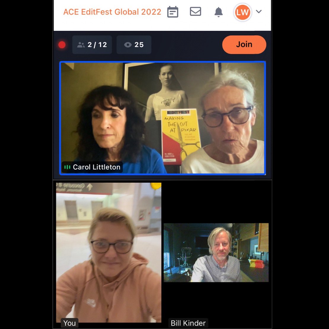 wintonmedia's tweet photo. @ACEFilmEditors Edit Fest Day Two ✂️
Virtual Chat with one of my idols, Carol Littleton, ACE!
Edit Fest Global 2022 for the win!
.
.
#editfest #editfest2022 #editfestglobal #editfirstshootlater #makingthecut #pixar #makingthecutatpixar #editinganimation #animationediting https://t.co/Jquv4k4e1e