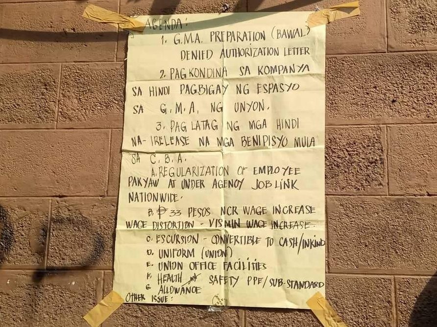 altermidya's tweet image. Panawagan ng mga unyonista sa kanilang management, tuparin ang mga napagkasunduan sa Collective Bargaining Agreement gaya ng pagtaas ng sahod, espasyo para sa General Membership Assembly (GMA), regularization, at iba pa.

(Contributed photos)