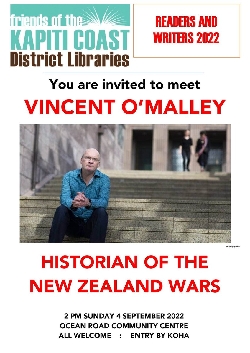 vomalley's tweet photo. Details of my #NZWars talk in Paraparaumu this Sunday.

Have been warned that some people with rather unsavoury views on these matters might be planning to attend so if you are up with the kaupapa and in the area on the day it would be great to get your support. https://t.co/6lTeIj9Go1