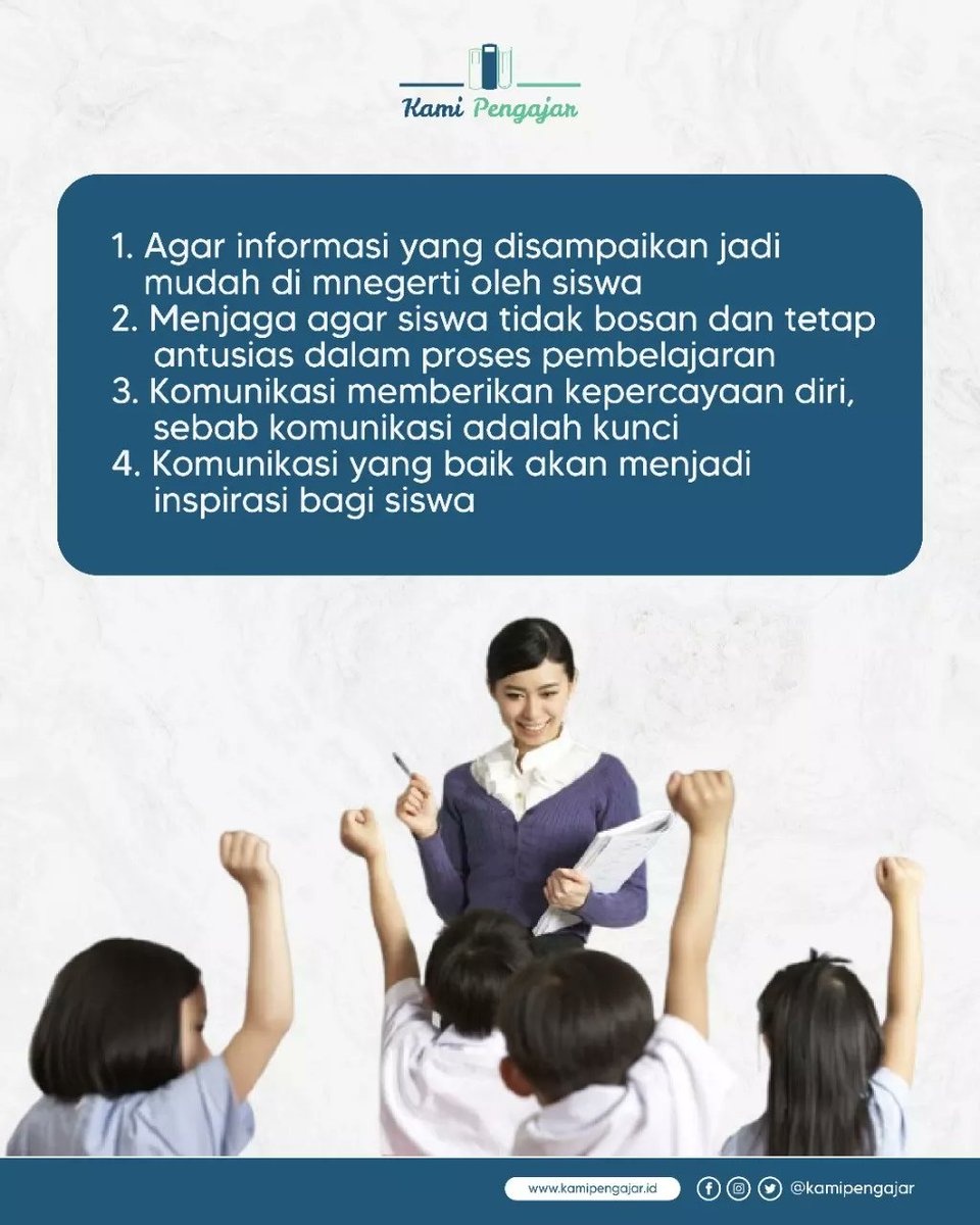KamiPengajar's tweet photo. Berikut Minjar berikan beberapa alasan mengapa guru harus pintar public speaking. Semoga bermanfaat ya Sobat 😊

#KamiPengajar #MerdekaBelajar #KomunitasMerdekaBelajar https://t.co/DfjIEuPU4Y