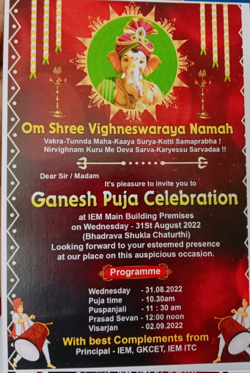 IEMGKCET's tweet photo. IEM Group invites all to Ganesh Puja Celebration at our institute campus on 31.08.2022 at 10.30 am

#GaneshChaturthi #GaneshChaturthi2022 #Ganeshotsav2022 #GaneshUtsav2022 #GaneshUtsav #GaneshFestival https://t.co/umKuZUga0j