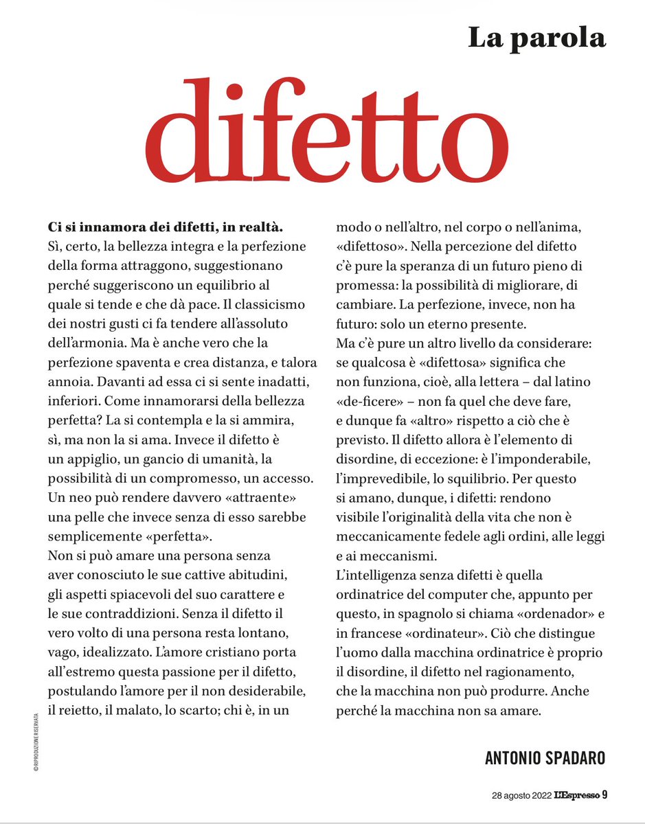 Su L’Espresso in edicola parlo dell’importanza dei #difetti. Perché è dei difetti che ci si innamora, in realtà…