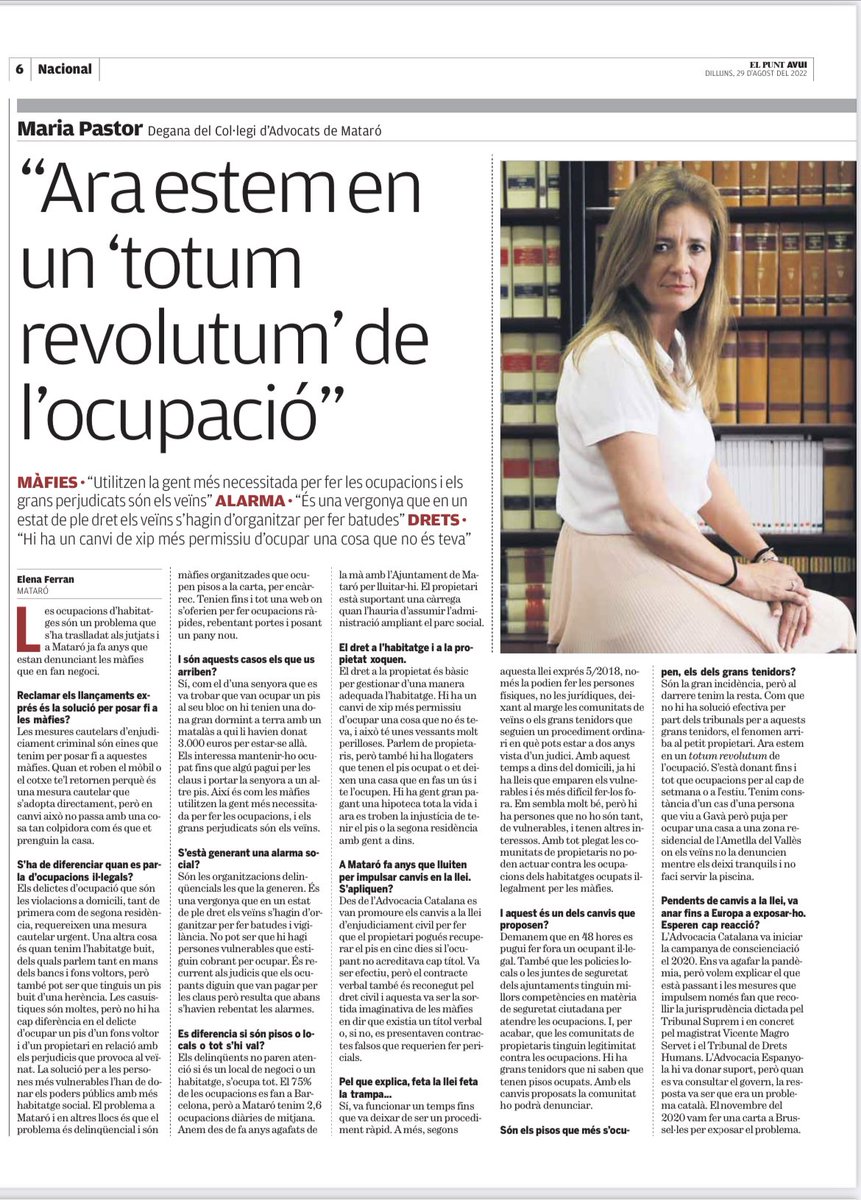 Recomiendo lectura de la entrevista a la Decana del <a href="/Ica_Mataro/">Icamat (Advocacia Mataró)</a> Maria Pastor en el diari <a href="/elpuntavui/">El Punt Avui 🎗️</a> sobre la problemática de la Okupación