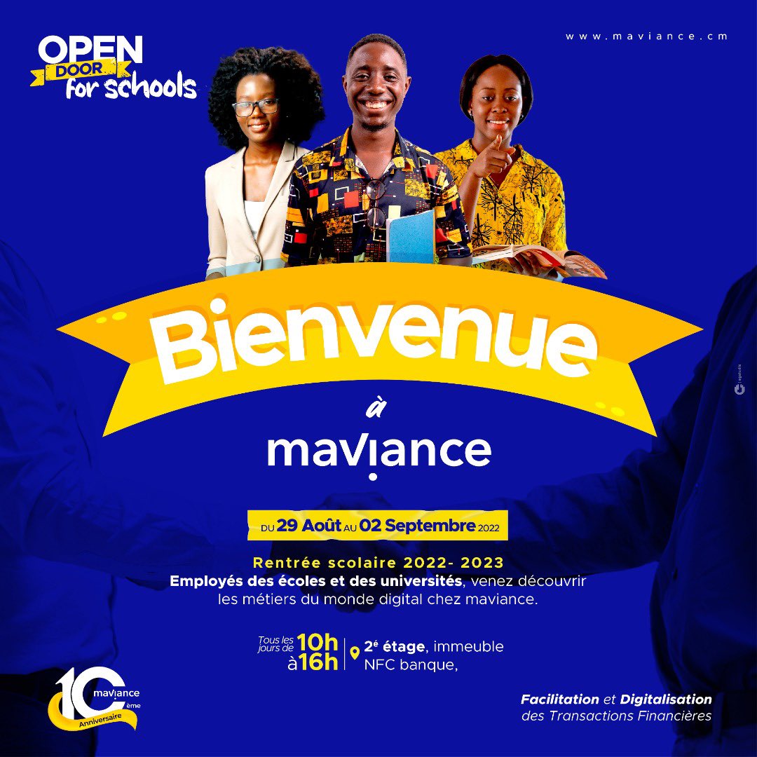 Chefs d’entreprises, Employés des écoles et des universités, Vous êtes cordialement invités aux journées portes ouvertes de maviance pour découvrir les opportunités de digitalisation disponibles dans une fintech pour vos.

#Smobilpay
#maviance
#fintech
#school
#business