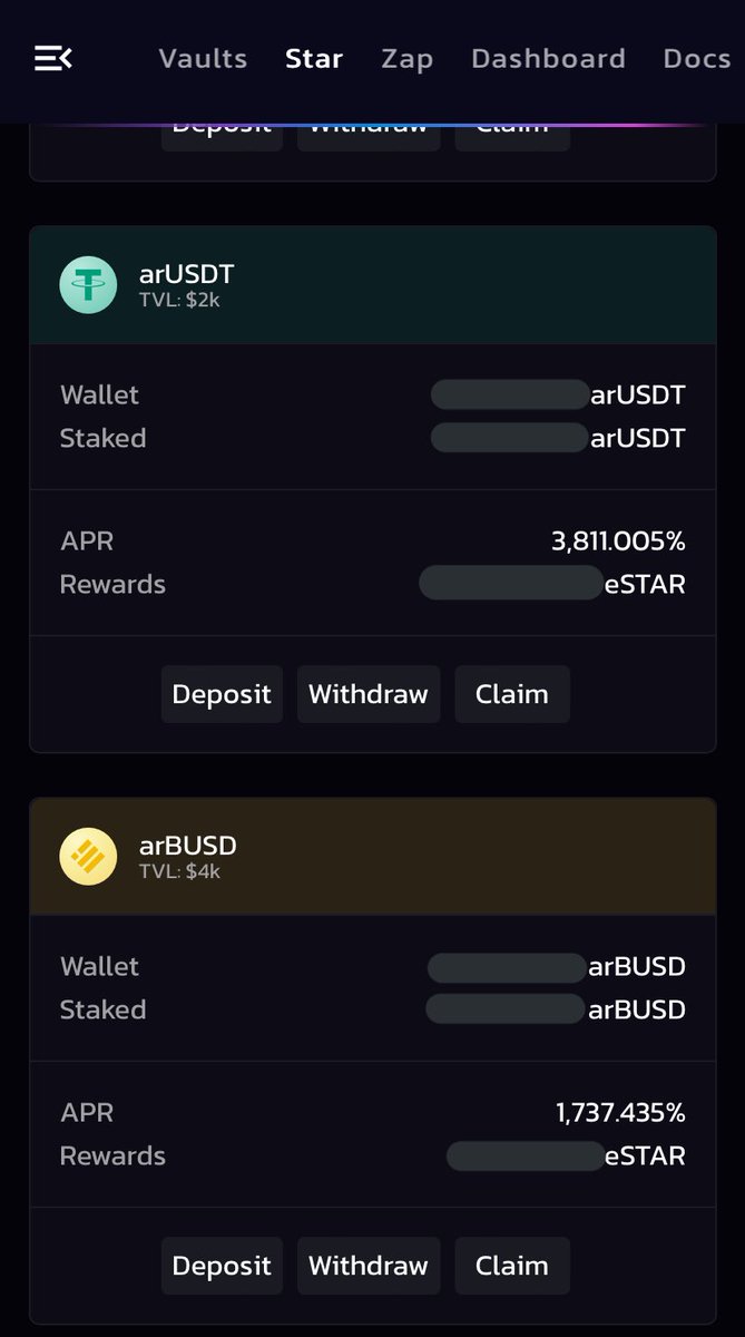 YieldRocketJP's tweet photo. 8/28よりeSTAR報酬を受け取れるようになりました。

（例）ステーブルコインの $USDT や $BUSD のAPRは現在3800%、1700%

Staking方法
1️⃣VaultタブにてUSDTやBUSDをStake
2️⃣arUSDT、arBUSDが貰えます
3️⃣STARタブに移りarトークンをStake
4️⃣eSTARが貰えます
5️⃣そしてeSTARの使い道は……別途後述 https://t.co/FgPj1J7FtQ