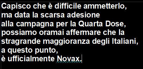 viaggrego's tweet photo. Dopo il #fallimento della #campagna per la #QuartaDose, possiamo #ammettere che la #maggioranza degli #Italiani e' ufficialmente #NoVax! https://t.co/LuhsBYTNBt https://t.co/kGT99epY54