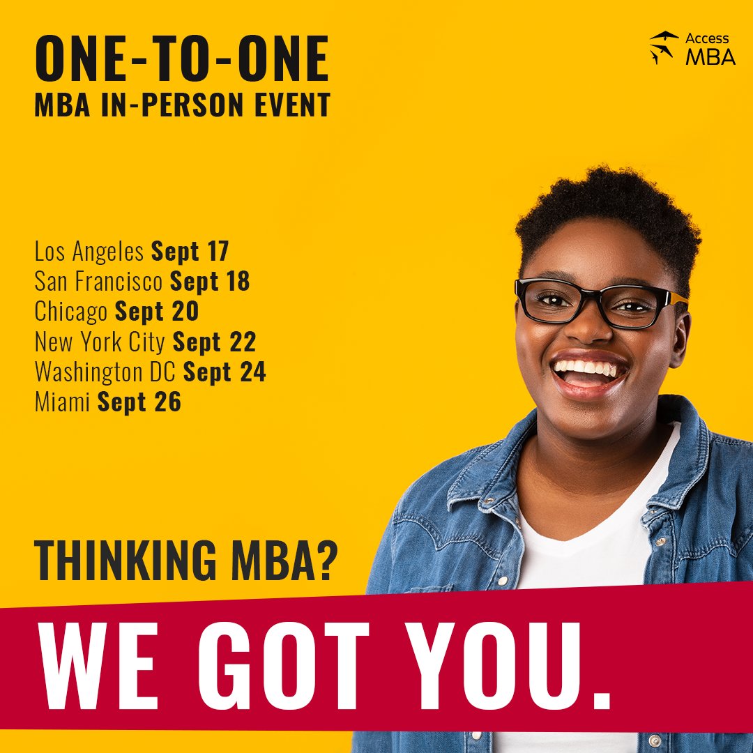 Meet #Yale, #Berkeley, #Stanford, #Booth &amp; more at the #Access #MBA in-person event in #LA (9/17), #SF (9/18), #Chicago (9/20), #NYC (9/22), #DC (9/24) and #Miami (9/26). Register for free now!  <a href="/AccessMBA/">Access MBA</a> accessmba.com/link/K3m