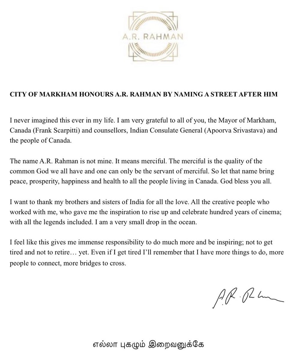 Honoured and grateful for this recognition from @cityofmarkham and @frankscarpitti and the people of Canada 🇨🇦 🇮🇳 #arrahmanstreet #markham #canada #infinitelovearr #celebratingdiversity