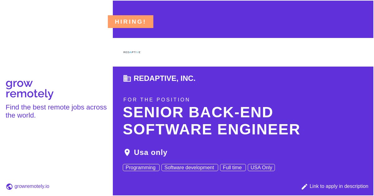 growremotelyio's tweet photo. Check out this job at Redaptive, Inc. for the position Senior Back-End Software Engineer.

 Apply link: https://t.co/HKGGBvfYkv

#hiring #remotejobs #Redaptive,Inc. #Programming https://t.co/cZImMQqR9r