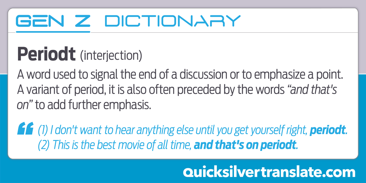 Quick_Translate's tweet photo. #DidYouKnow the final T of #periodt follows a pattern in Black US-English where a final D can be pronounced as a T. In #linguistics this is known as #glottalization.
It originates from early 2000s US gay scene, but has been mainstream slang since 2019.
#LanguageLearning #GenZ https://t.co/fbZ2BlbIBF