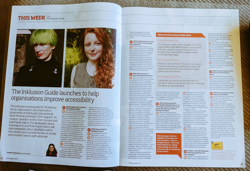 sarahpbroadley's tweet photo. A fantastic start to my week with a cuppa and a wee read of the @thebookseller. Tremendous double spread on the newly launched @InklusionGuide @Julie_Farrell_ @EverDundas! #InklusionGuide #LetsNotGoBackToNormal #RepresentationMatters @CarolineC1988 https://t.co/v5jgd0BDIs