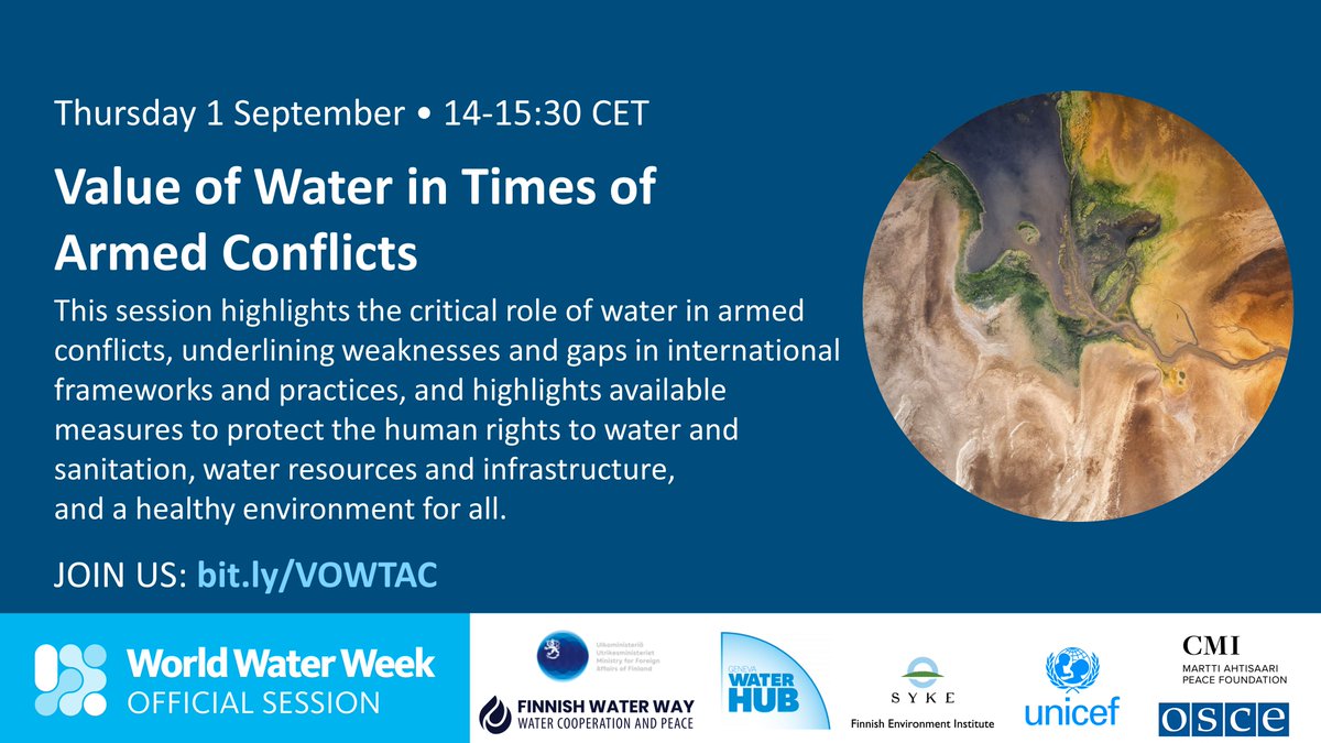 What is the value of #Water in times of armed conflicts? 

<a href="/SYKEint/">Finnish Environment Institute (Syke)</a> <a href="/GenevaWaterHub/">Geneva Water Hub</a> <a href="/UNICEFwater/">UNICEF Water</a> <a href="/OSCE/">OSCE</a> <a href="/cmioffice/">CMI – Martti Ahtisaari Peace Foundation</a> <a href="/Ulkoministerio/">MFA Finland 🇫🇮</a> panel focuses on the imperative to protect the human rights to water &amp; sanitation, water resources and infrastructure in violent conflicts. 

#WWWeek