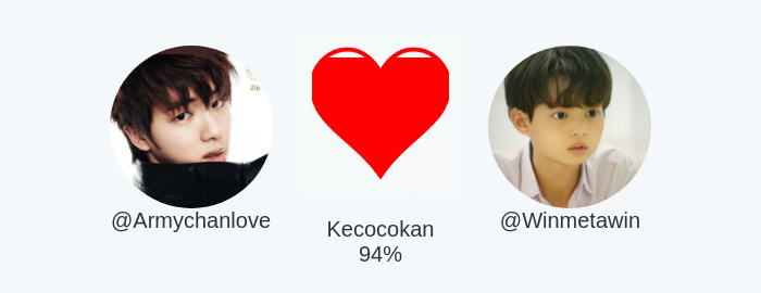 Armychanlove's tweet photo. Kecocokan cinta saya dengan @Winmetawin adalah 94%

Dihitung dengan https://t.co/5WSJ8KLA2w

⠀ https://t.co/gd3TkKGvD2