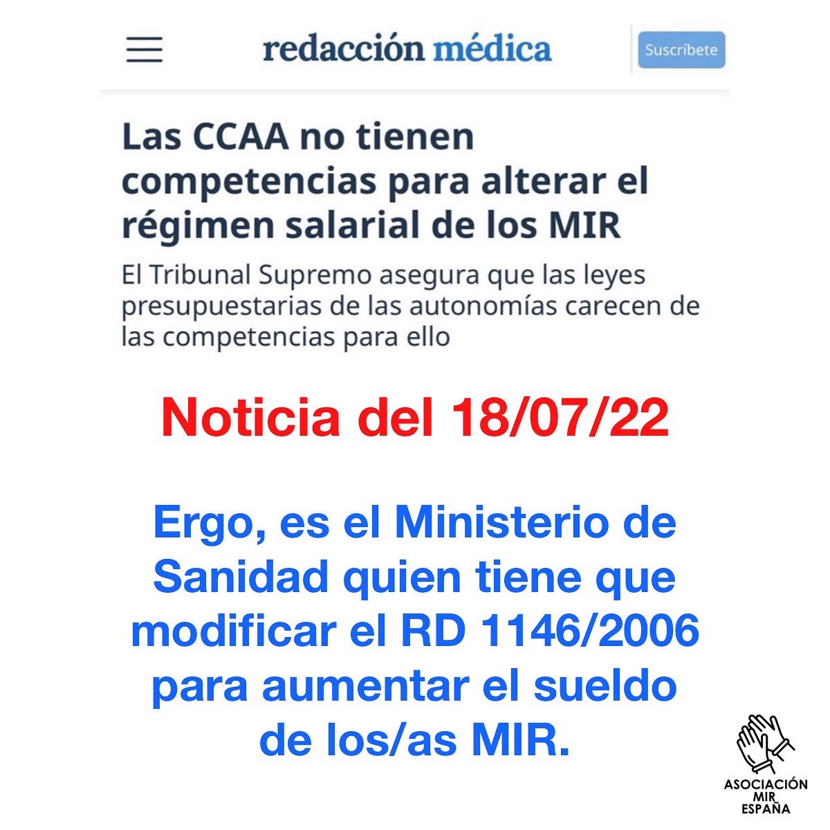AsociacionMIRe's tweet photo. 💶 SALARIOS MIR 💶

Sueldo médicos residentes sin guardias:

- Año 2006: 1.112€
- Año 2022: 1.283€

Los médicos residentes han perdido un 25-35% de poder adquisitivo entre 2009-2022.

Llevamos más de 2 años demandando a los políticos una subida de +500€/mes a los MIR. https://t.co/q2gzmHoeZA
