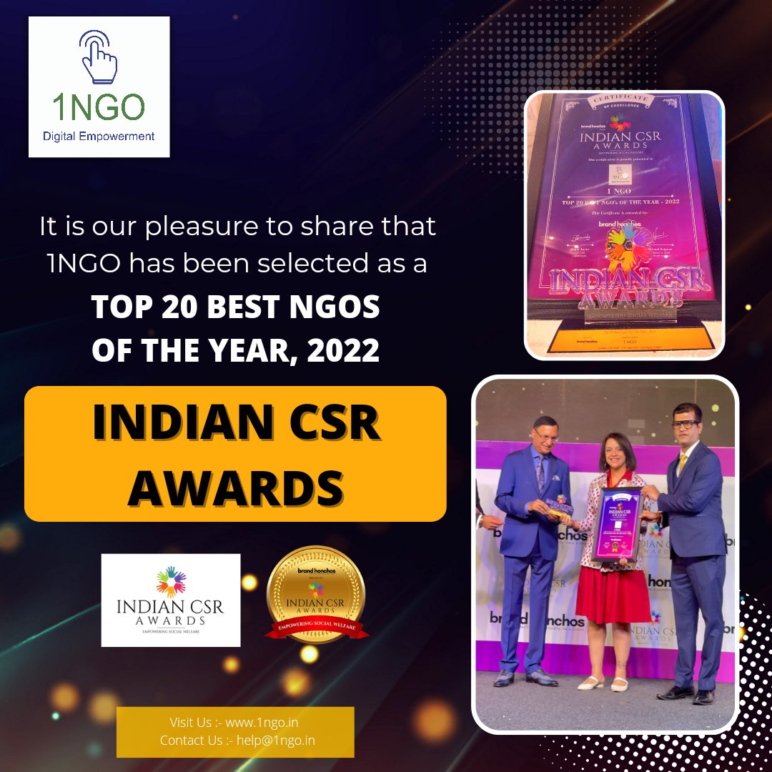 OneNgoTrust1's tweet photo. We are extremely delighted to share that 1NGO has been selected as one of the Top 20 best NGOs of the Year,'2022 by Indian CSR Awards.
We thank each one of our NGO partners. To know more about the event and the award please visit: https://t.co/Evz2cd8Zwl
#event #csr https://t.co/uqKBla1wH4