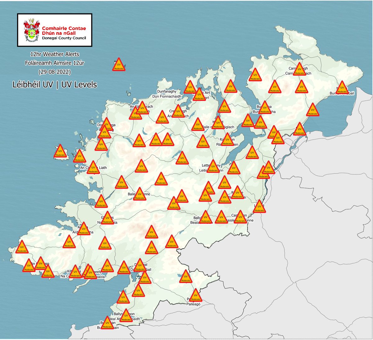 DonegalMaps's tweet photo. #Donegal Weather Alert: Up to Moderate UV levels forecast today Check Map https://t.co/msAC1l7faC #BeUVaware @donegalcouncil #BeSkinSmart #BeSummerReady https://t.co/H3FTSxBZHI