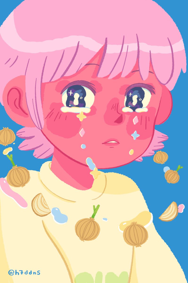 solo 1girl pink hair tears short hair fruit simple background  illustration images