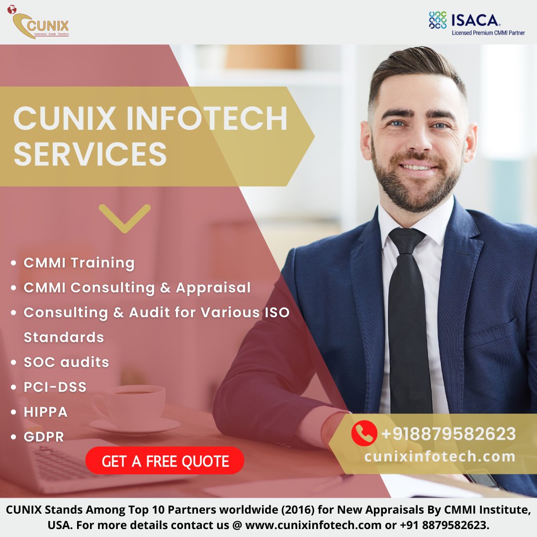 CUNIX_India's tweet photo. CUNIX INFOTECH is a globally renowned and recognized Premium CMMI Institute Partner (ISACA). We offer #CMMItraining, consulting and appraisal, #ISO consulting & audits, PCI-DSS, #HIPPA & #GDPR certification, and other services.
Contact Us to Know More: https://t.co/bCCh6DsyTi https://t.co/1SsWHUCpPr