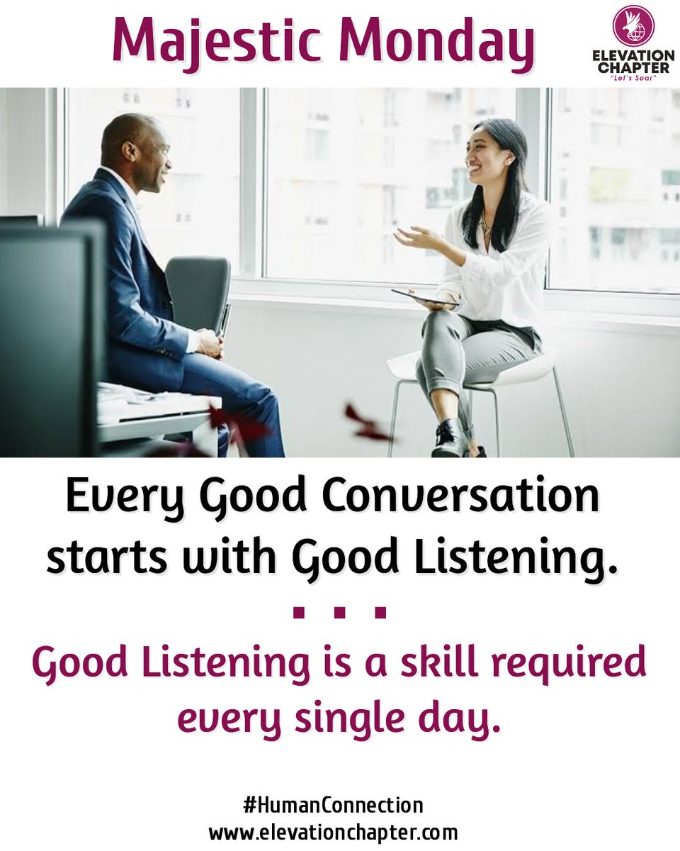 nellyorikiriza's tweet photo. Not only does #Good #listening enhance your ability to understand better and make you a better #communicator , it also makes the experience of speaking to you more #enjoyable to other #people .
#mondayvibes
#HumanConnection
#ElevationChapter https://t.co/NDrk1jUb0R
