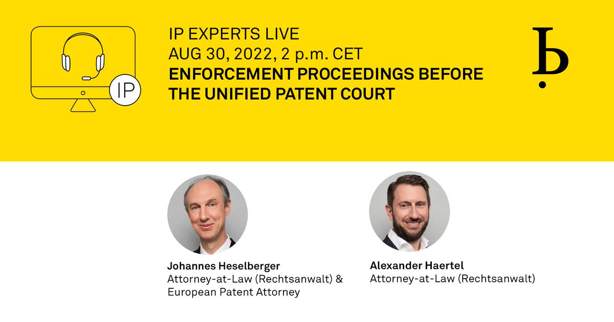 bardehleIP's tweet photo. #IPExpertsLIVE
Joint tomorrow's free webinar and Q &amp; A to get informed about measures that will be granted in #enforcement proceedings before the #UPC: https://t.co/w76G9l3oxG

#IntellectualProperty #UnifiedPatentCourt https://t.co/fIBLluRP0f