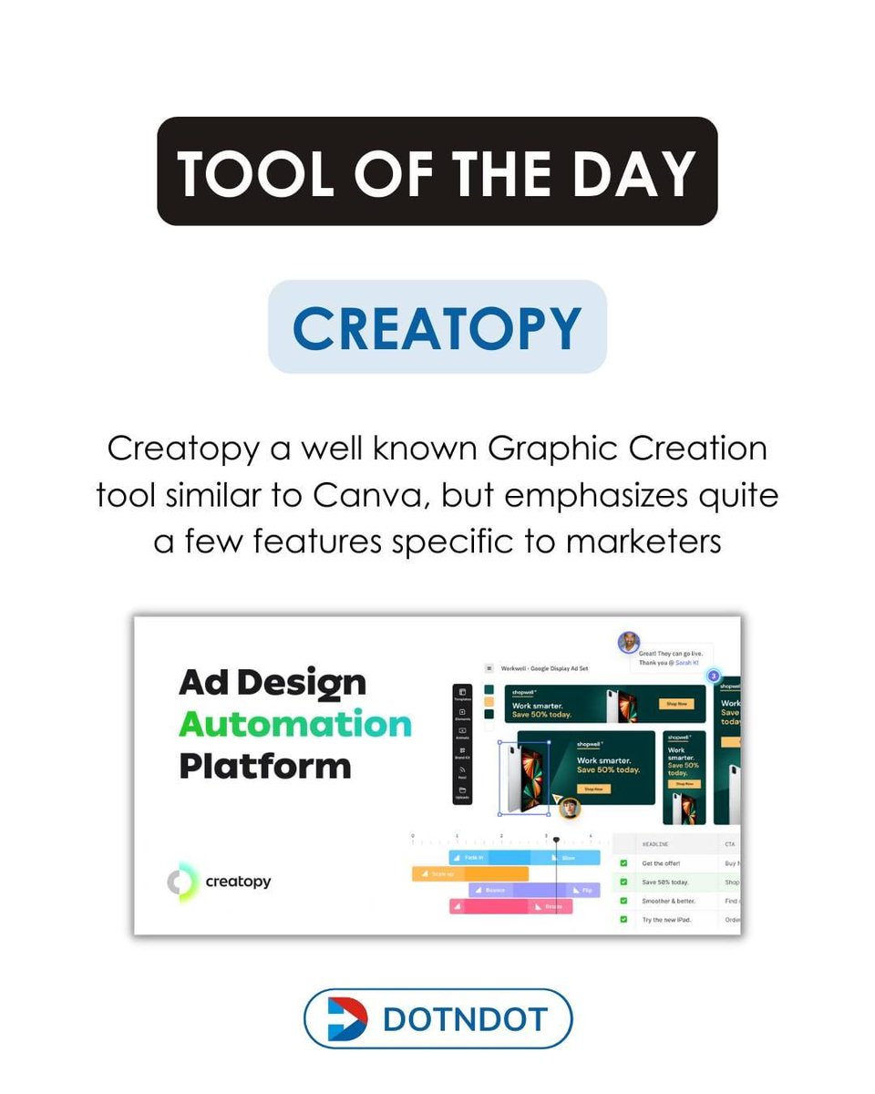dotndot's tweet photo. Lets see the #tooloftheday
It is creatopy a well known #graphicdesign tool similar to Canva, but emphasizes quite a few features specific to marketers.
#graphicdesigntool #graphicdesignstrategy
#graphicdesigntips #graphicdesign101 #digitalmarketing https://t.co/GtzgdbFn54