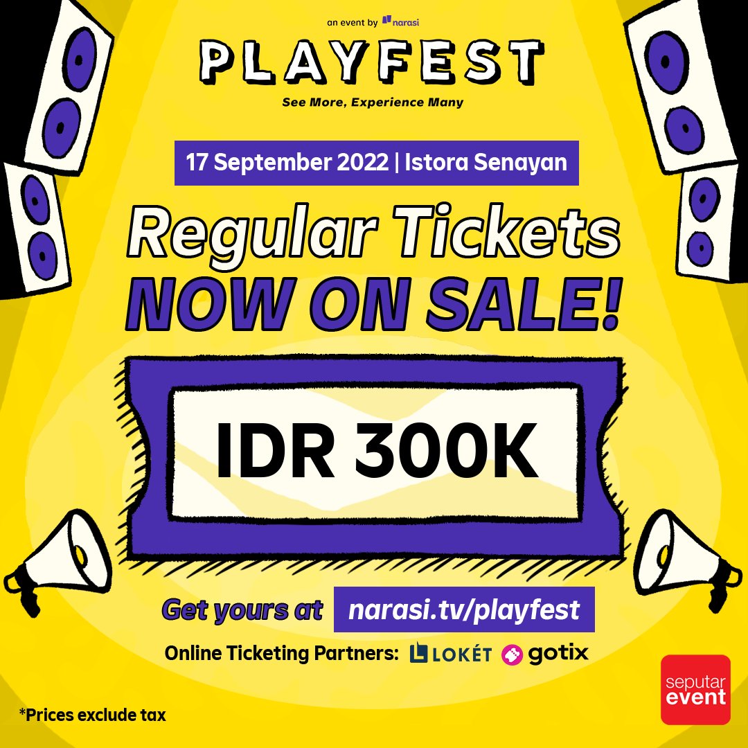 SeputarEvent's tweet image. Here’s our second phase line up! &amp;amp; Regular Tickets are NOW ON SALE!!! 📣✨

17 September 2022 di Istora Senayan. Save your spot now at narasi.tv/playfest.
Kamu juga bisa beli tiketnya di @loketcom dan @gotix.id ya! 🤩 | Playfest

#Playfest2022 #ReactivateYourSense
