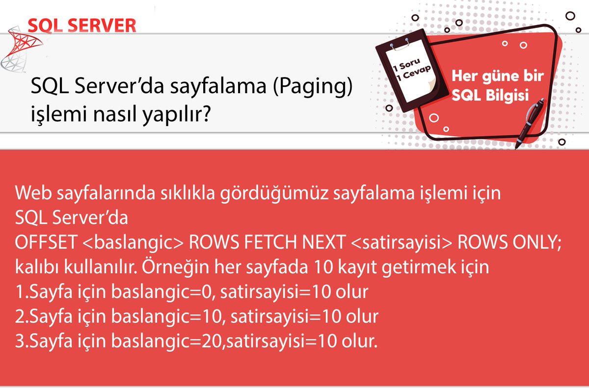 omer_colakoglu's tweet image. SQL Server&apos;da paging yani sayfalama nasıl yapılır?
#hergüne1sqlbilgisi