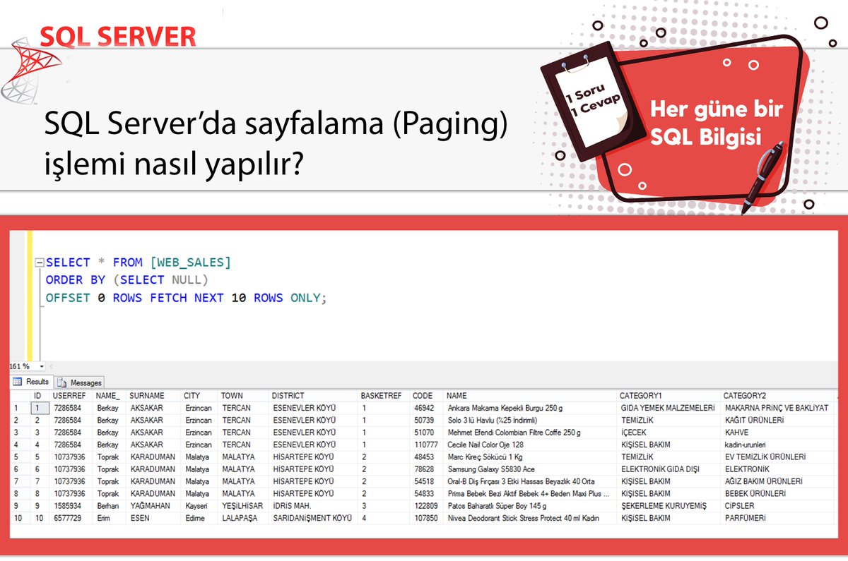 omer_colakoglu's tweet image. SQL Server&apos;da paging yani sayfalama nasıl yapılır?
#hergüne1sqlbilgisi