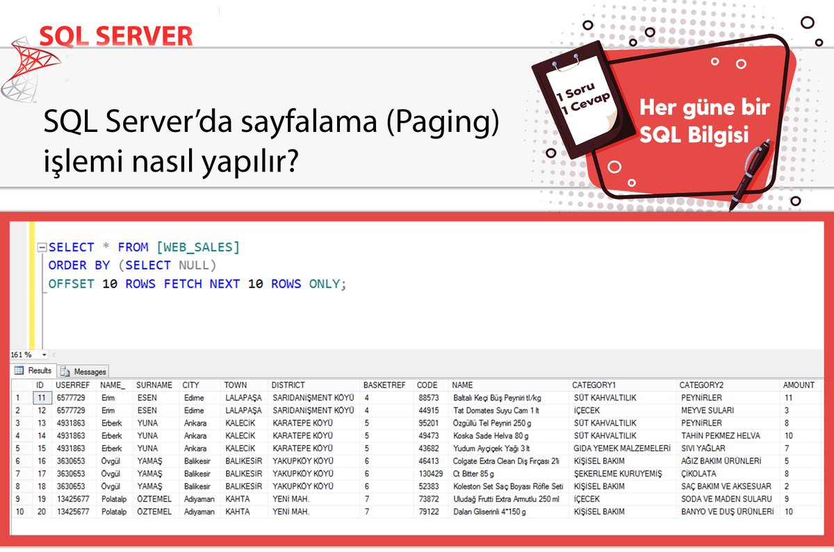 omer_colakoglu's tweet image. SQL Server&apos;da paging yani sayfalama nasıl yapılır?
#hergüne1sqlbilgisi