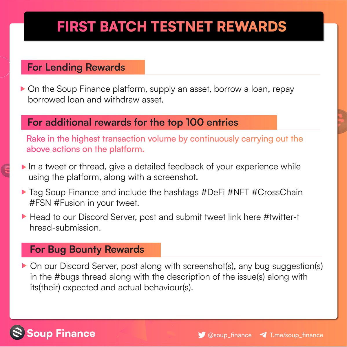 swichfinance's tweet photo. Soup Finance testnet incentive program. 

For more information:  https://t.co/ghSZpgQ7M0

#DeFi #NFTs #lendingprotocols #crosschain #testnet https://t.co/LOSPn5IVp7