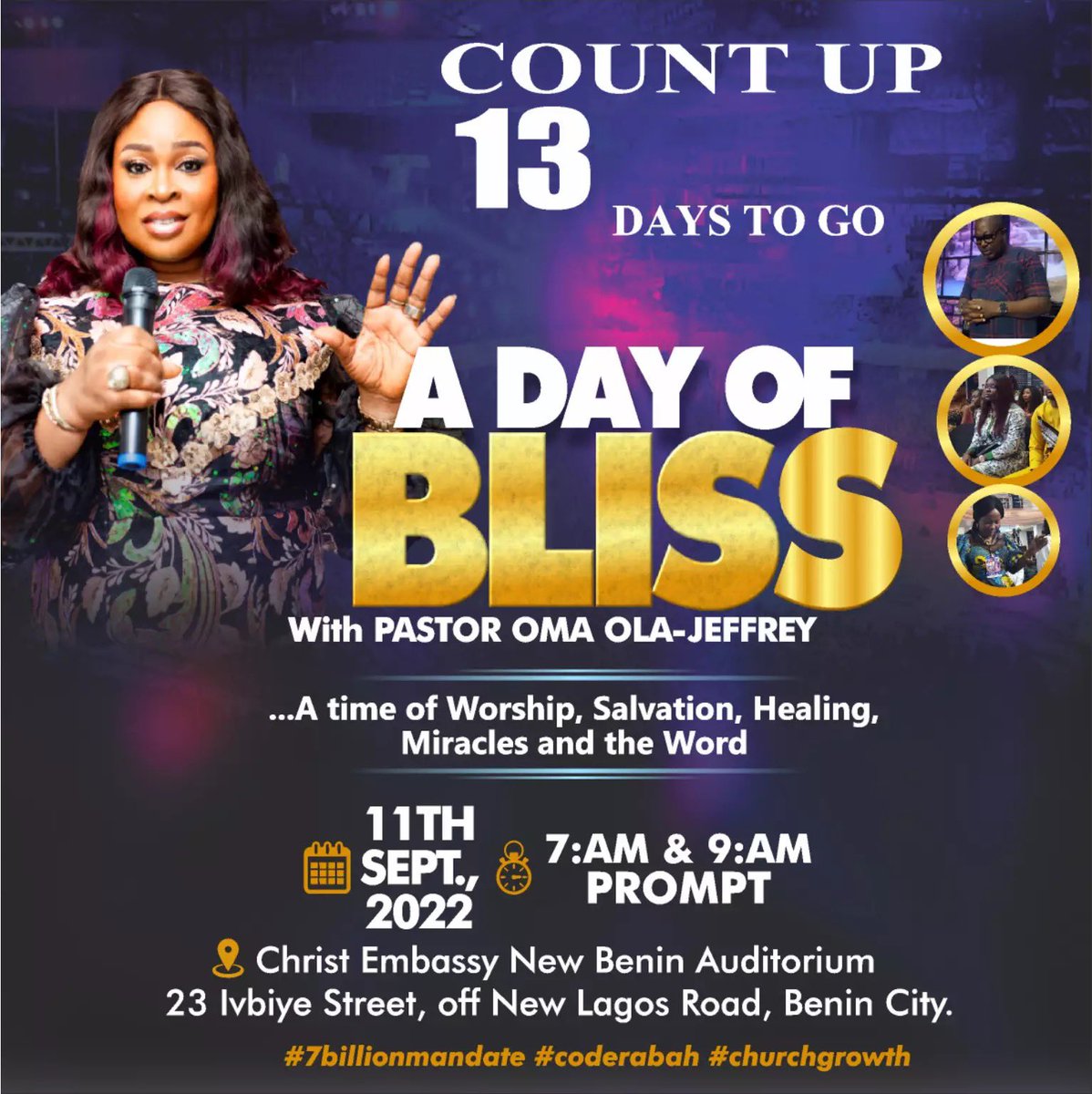 OmaJeffrey's tweet photo. Itβs 13 Days to DAY OF BLISS! Make room for expansion and do not spare! God is ready to blow your mind!πππ
#dayofbliss
#DOBwithPOOJ
#cellministry
#7billionmandate
#soultracker
#ceclfportal
#coderabah
#coderabahactivated
#coderabahmovement
#cenewbenin
#cemidwestzone https://t.co/7ArtW2x2g4