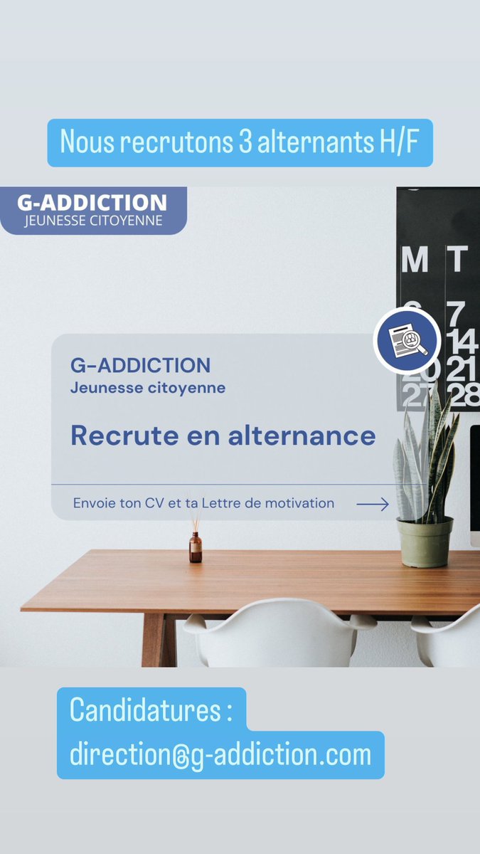 Nous recrutons 3 alternants H/F !
✅ déploiement terrain, pilotage et animation (escape game pédagogiques, gros événements avec de super partenaires, etc.)
✅ élaboration de projets innovants
✅ communication et relations institutionnelles.

➡ CV + LM à direction@g-addiction.com