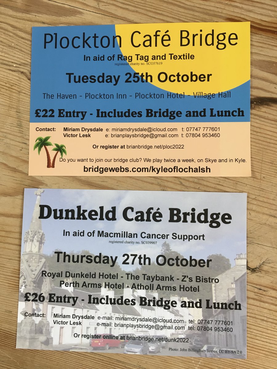 Café Aperitifs, Monday 24th October 7pm Plockton Village Hall. Duplicate pairs. Prizes.  Miriamdrysdale@icloud.com