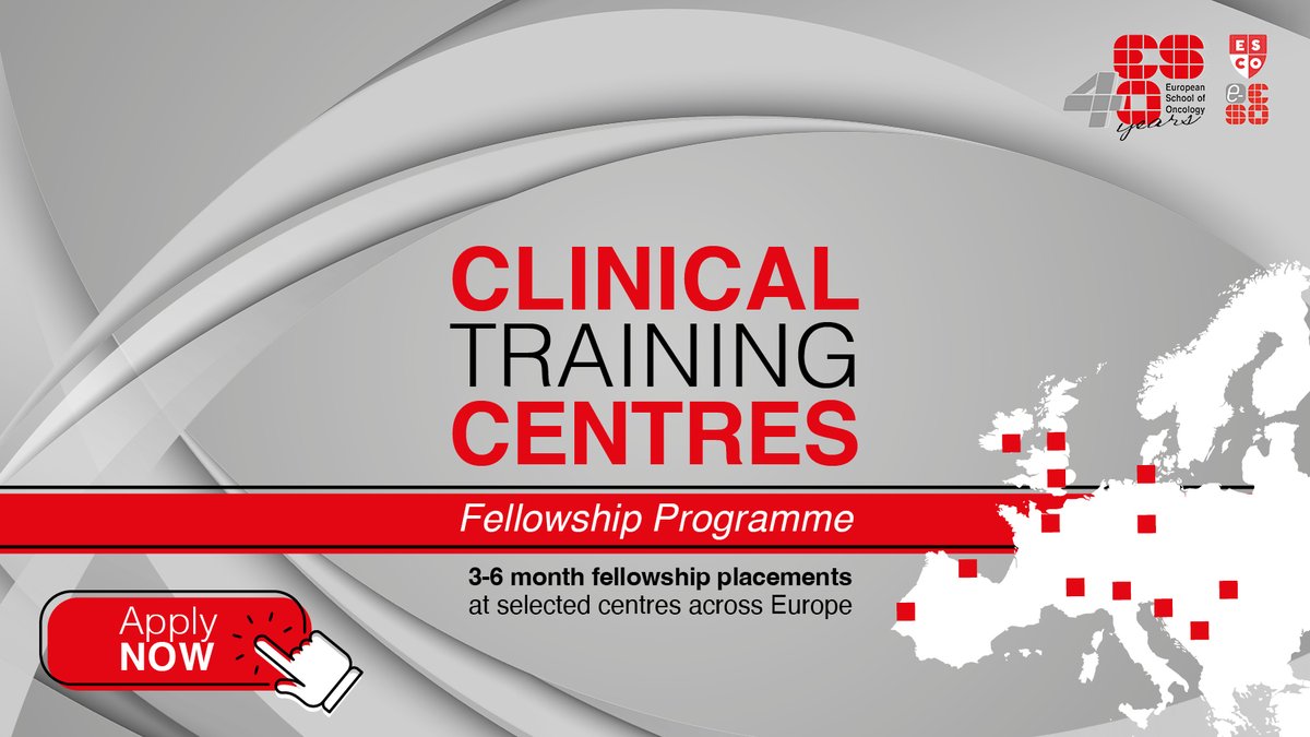 ⏰The deadline to apply for the ESO's CTC Fellowship programme for doctors is the📅19 September 2022.

Don't miss the opportunity to increase your knowledge in oncology with high standard clinical practice and scientific tutorship.

👉bit.ly/3QkVJpq

#oncoalert #meded