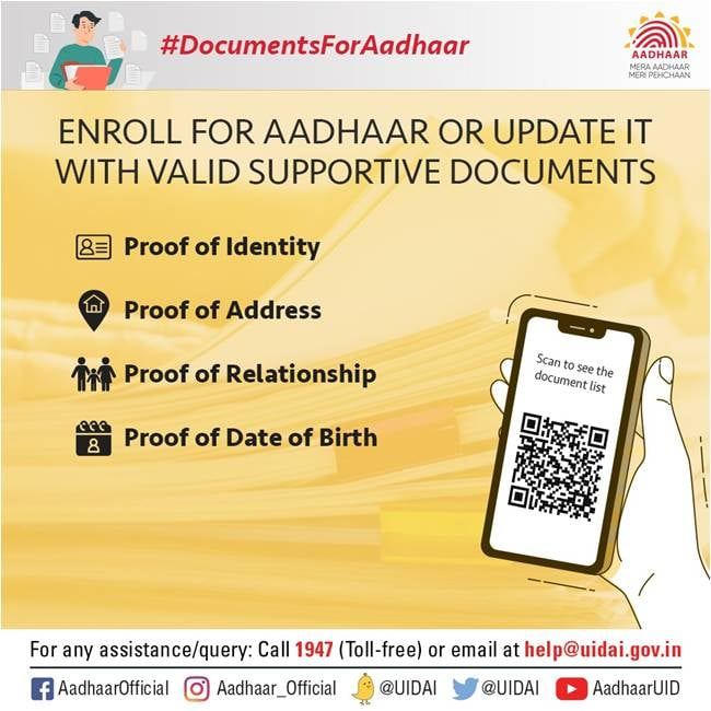 PIBChandigarh's tweet image. #DocumentsForAadhaar

Always keep your #AadhaarUpdated!
Choose valid supportive documents from this list to avail the services of enrolment/update your #Aadhaar

Click uidai.gov.in/images/commdoc… to see the complete list of all the documents accepted for Aadhaar Enrolment/Update
1/7