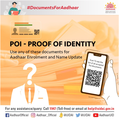 PIBChandigarh's tweet image. #DocumentsForAadhaar

PoI (Proof of Identity) is your identity card with a photo. Use this document for #Aadhaar Enrolment and Updating Name in your Aadhaar. 

The list of all the valid PoI documents for Aadhaar Enrolment and Update- uidai.gov.in/images/commdoc…
2/7