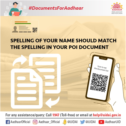 PIBChandigarh's tweet image. #DocumentsForAadhaar

While enrolling for #Aadhaar or name #UPDATE, make sure the #spelling is correct in your PoI document.

Click here to see the list of documents: uidai.gov.in/images/commdoc…
7/7