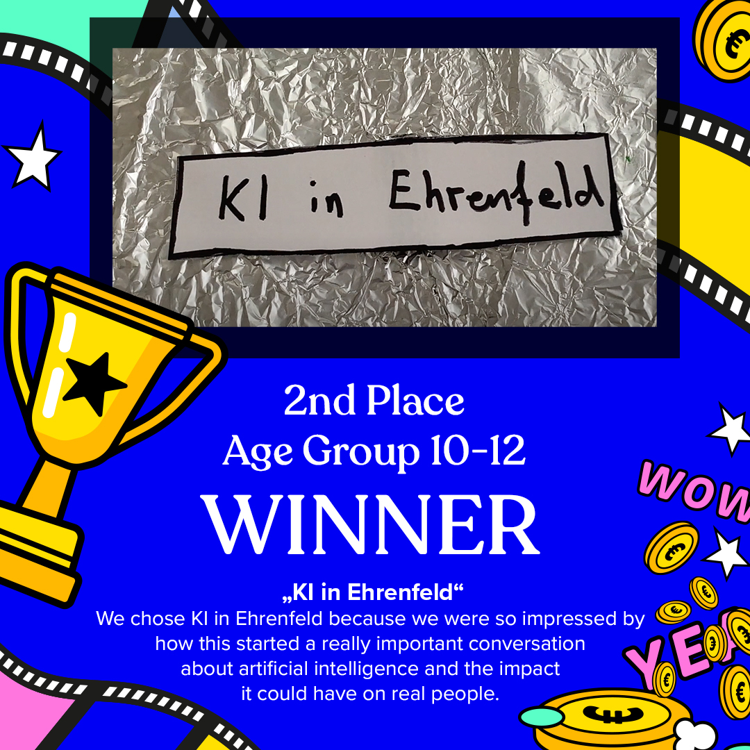 2nd PLACE - Age Groupe 10-12 
KI IN EHRENFELD

Statement: Kate Chakravarty (Jury member)
--------------------------------------------
EN
"We chose KI in Ehrenfeld because we were so impressed by how this started a really important conversation about artificial intelligence and th