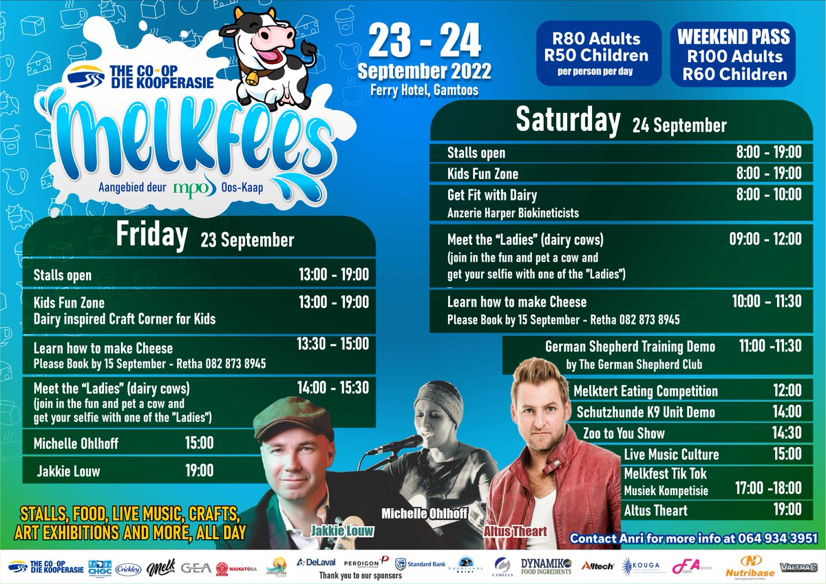 humkoop's tweet photo. Dis 'n MOOOoooviese lekker tyd wat voorlê mense!  Dis amper Melkfeesmaand! 
Op 23 + 24 September gaan ons kuier onder die bome en op die groen gras (net soos ons koeie daarvan hou!) van die Ferry Hotel, Gamtoos.  En as die doutjies val, bring 'n sambreel en 'n warm gees! @MilkMpo https://t.co/bNWvbQIzHs