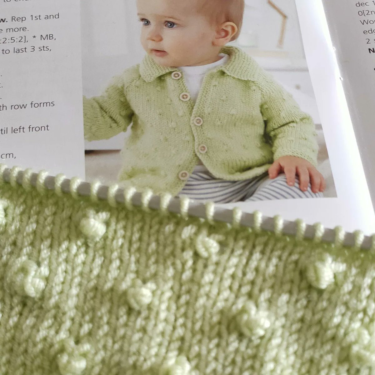 Knitting samples for the shop from the latest 'newborn book 3'. #kingcole using cherished baby yarn. This is 'little spottie cardi'. Love this avocado colour. #localyarnshop #localbusiness #shoppinglocal
#hellohorwich #shoppinginhorwich @BoostingBolton