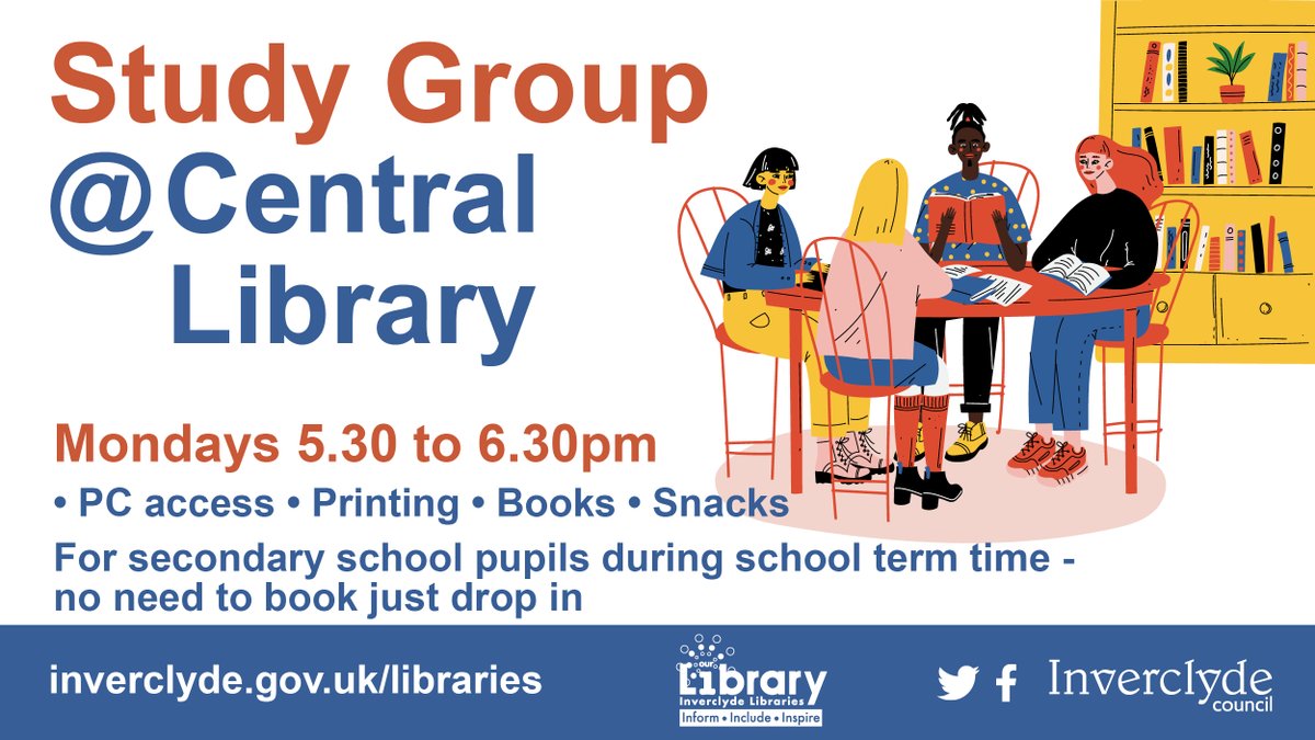 InverclydeLibs's tweet photo. โญโญ RESTARTING TONIGHT! โญโญ
Attend secondary school?
Looking for a study space?
Pop in to our weekly...
๐ฆ๐๐๐ฑ๐ ๐๐ฟ๐ผ๐๐ฝ @ ๐๐ฟ๐ฒ๐ฒ๐ป๐ผ๐ฐ๐ธ ๐๐ฒ๐ป๐๐ฟ๐ฎ๐น ๐๐ถ๐ฏ๐ฟ๐ฎ๐ฟ๐.
Mondays from 5.30-6.30pm
#DropInAndStudyWithInverclydeLibraries https://t.co/BjlWxQELp0
