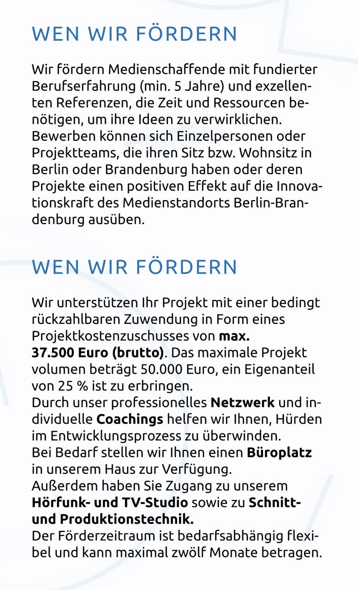 Großzügigster Kickoff-Zuschuss für innovative Storytelling-Projekte der Hauptstadt, zB. um einen distributionsfähigen Prototyp zu gestalten. Wir hatten ihn damals für Field Trip erhalten. Am 3. Oktober ist wieder Frist!!! miz-babelsberg.de/files/content/… cc <a href="/MIZBabelsberg/">MIZ Babelsberg</a>
